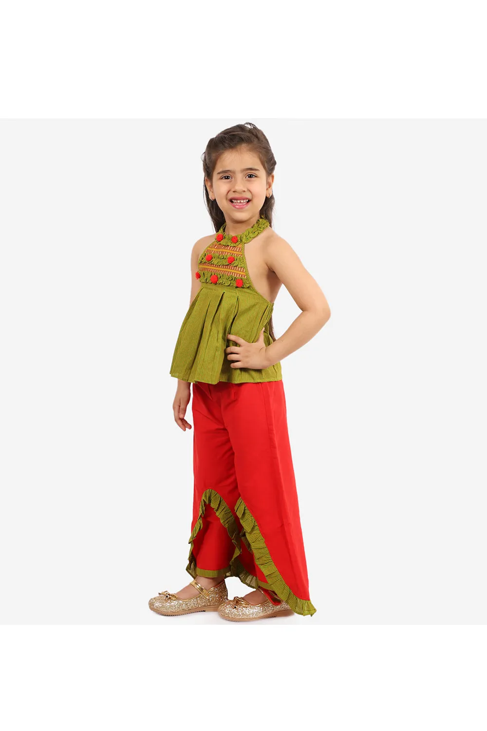 Green striped pleated top with layered palazzo set