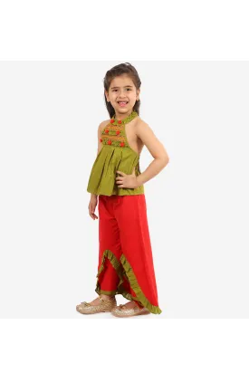 Green striped pleated top with layered palazzo set