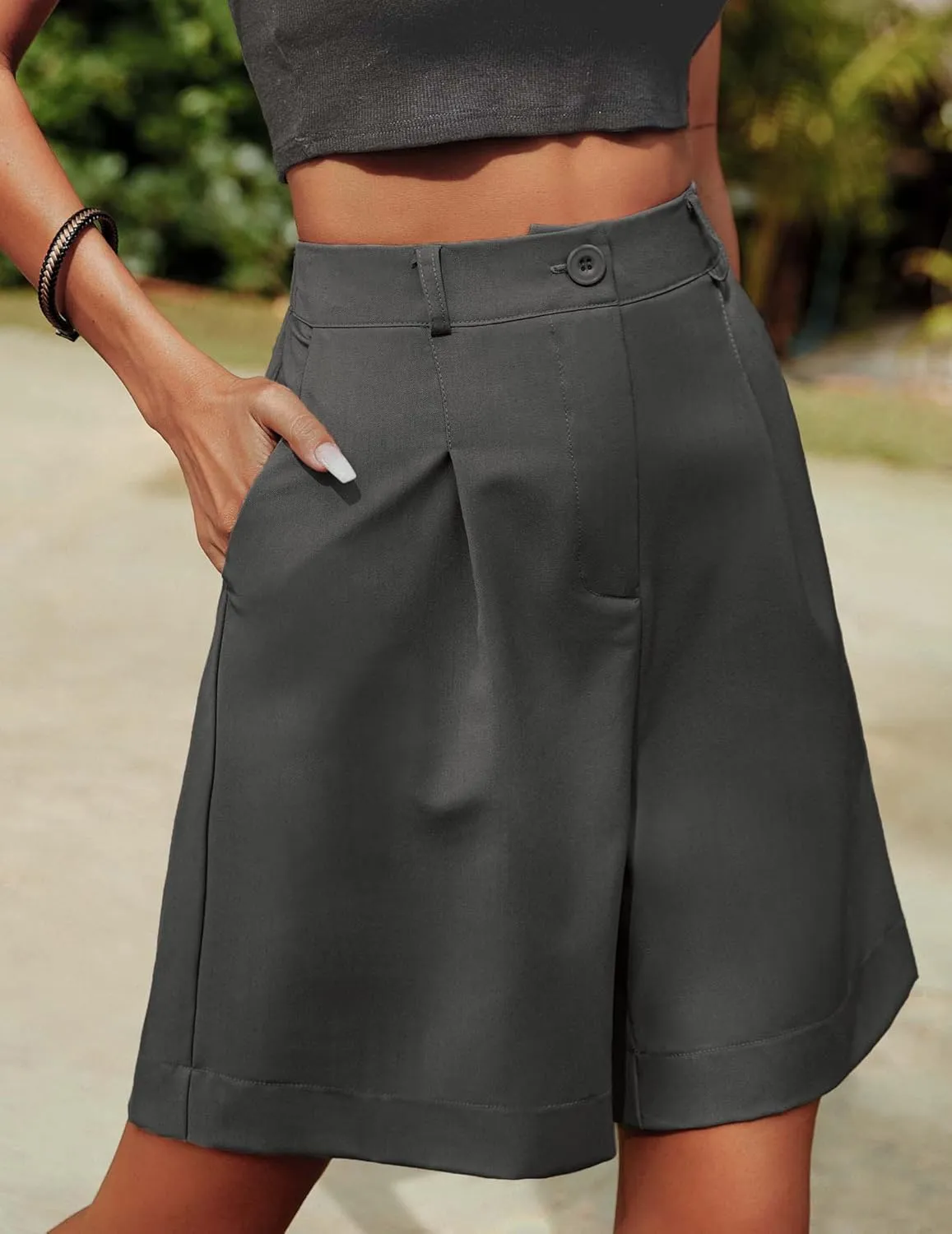 HOTOUCH Bermuda Shorts for Women Summer Dressy Casual Elastic High Waisted Wide Leg Knee Length Shorts with Pockets