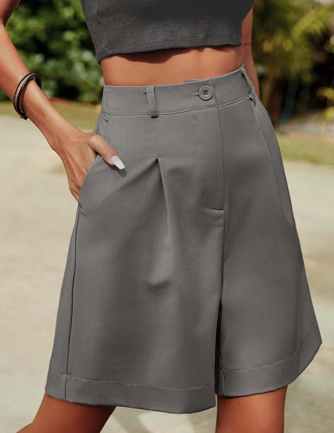 HOTOUCH Bermuda Shorts for Women Summer Dressy Casual Elastic High Waisted Wide Leg Knee Length Shorts with Pockets