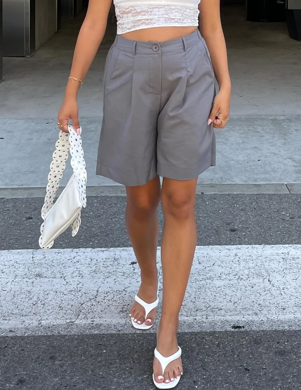 HOTOUCH Bermuda Shorts for Women Summer Dressy Casual Elastic High Waisted Wide Leg Knee Length Shorts with Pockets
