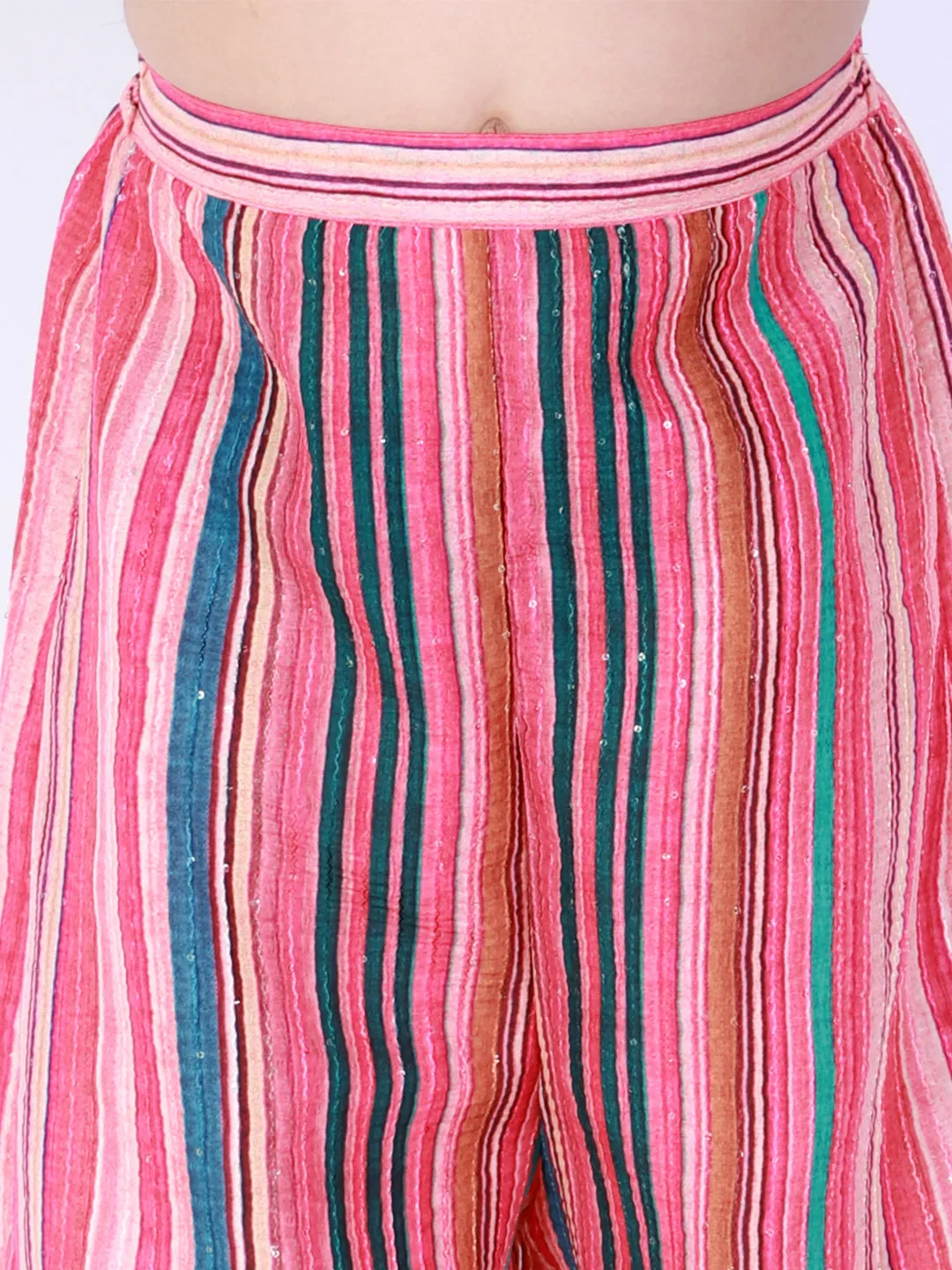 Jashvi Girl's Multicolour Striped Palazzo With Green Crop Top