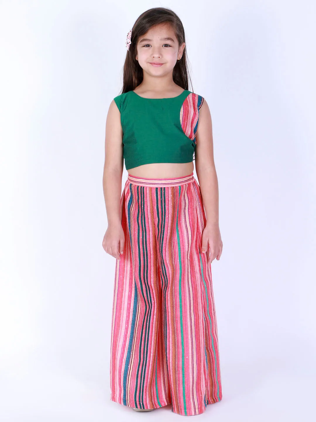Jashvi Girl's Multicolour Striped Palazzo With Green Crop Top