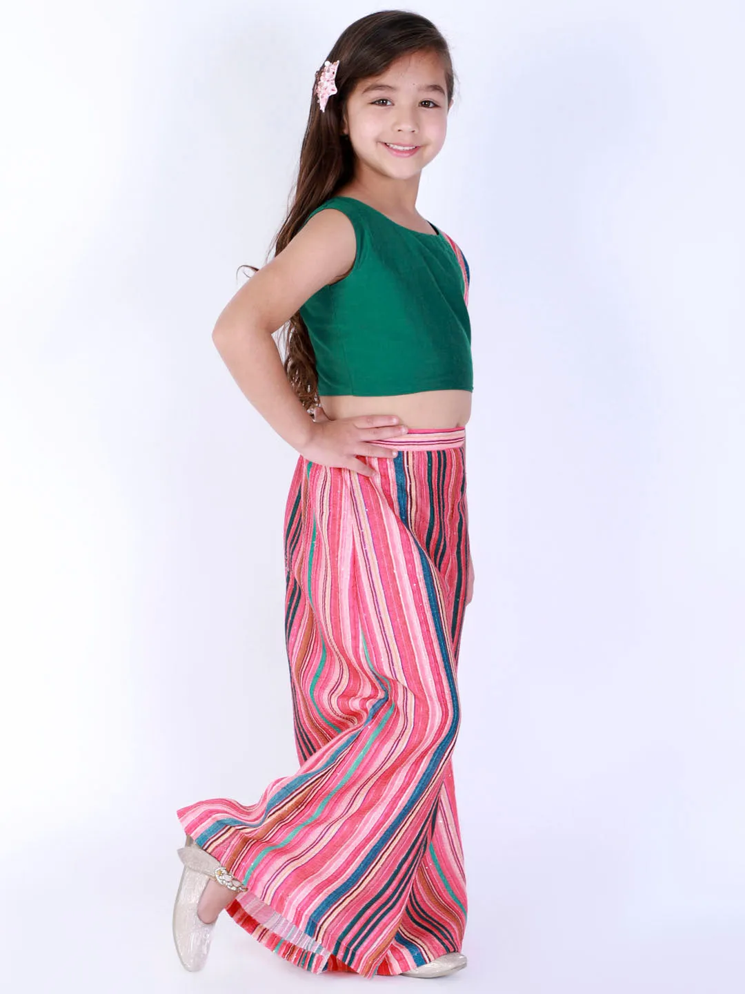 Jashvi Girl's Multicolour Striped Palazzo With Green Crop Top