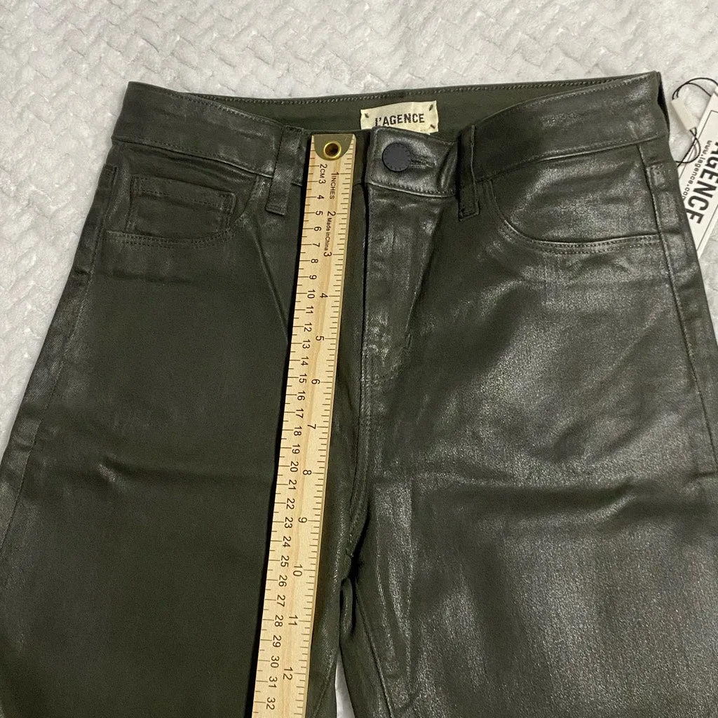 L'Agence Kendra High Rise Cropped Flare Army Green Coated Jeans Raw Hem Size 25
