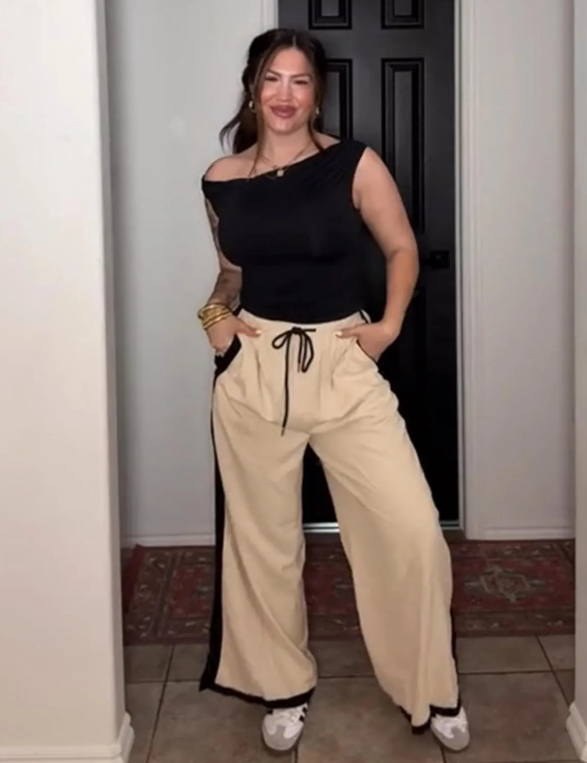 Lentta Womens Linen Wide Leg Pants Side Striped Palazzo Pants Beach Pants with Pockets Lounge Vacation Outfits