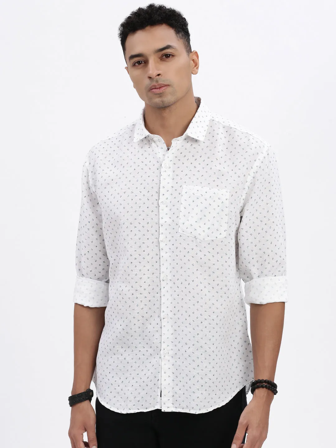 Men White Micro Print Slim Fit Shirt