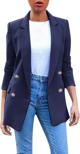 Miyaomn Womens Solid Color Casual Office Blazer Suit Jacket Slim Fit Double Breasted Notched Shawl Collar Sports Coat Outwear