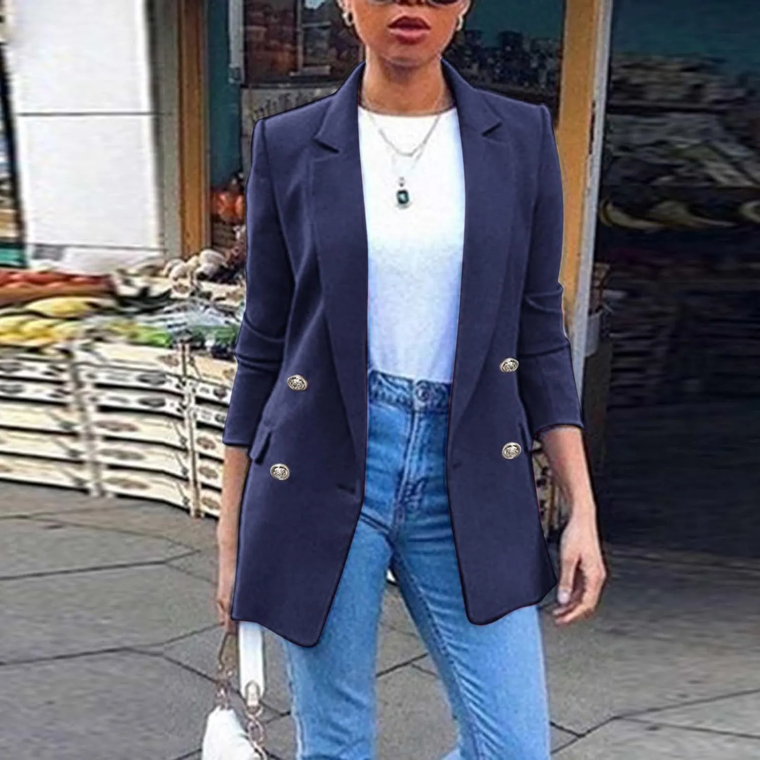 Miyaomn Womens Solid Color Casual Office Blazer Suit Jacket Slim Fit Double Breasted Notched Shawl Collar Sports Coat Outwear
