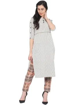 Off White Striped Half Sleeve Kurta With Slim Fit Palazzo
