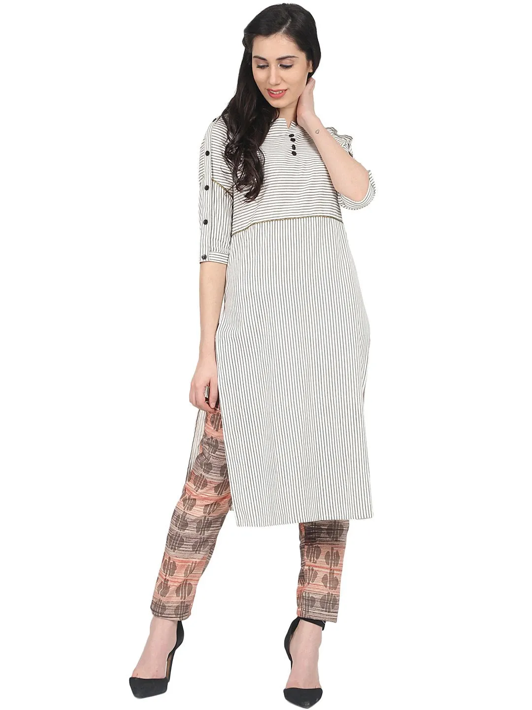 Off White Striped Half Sleeve Kurta With Slim Fit Palazzo