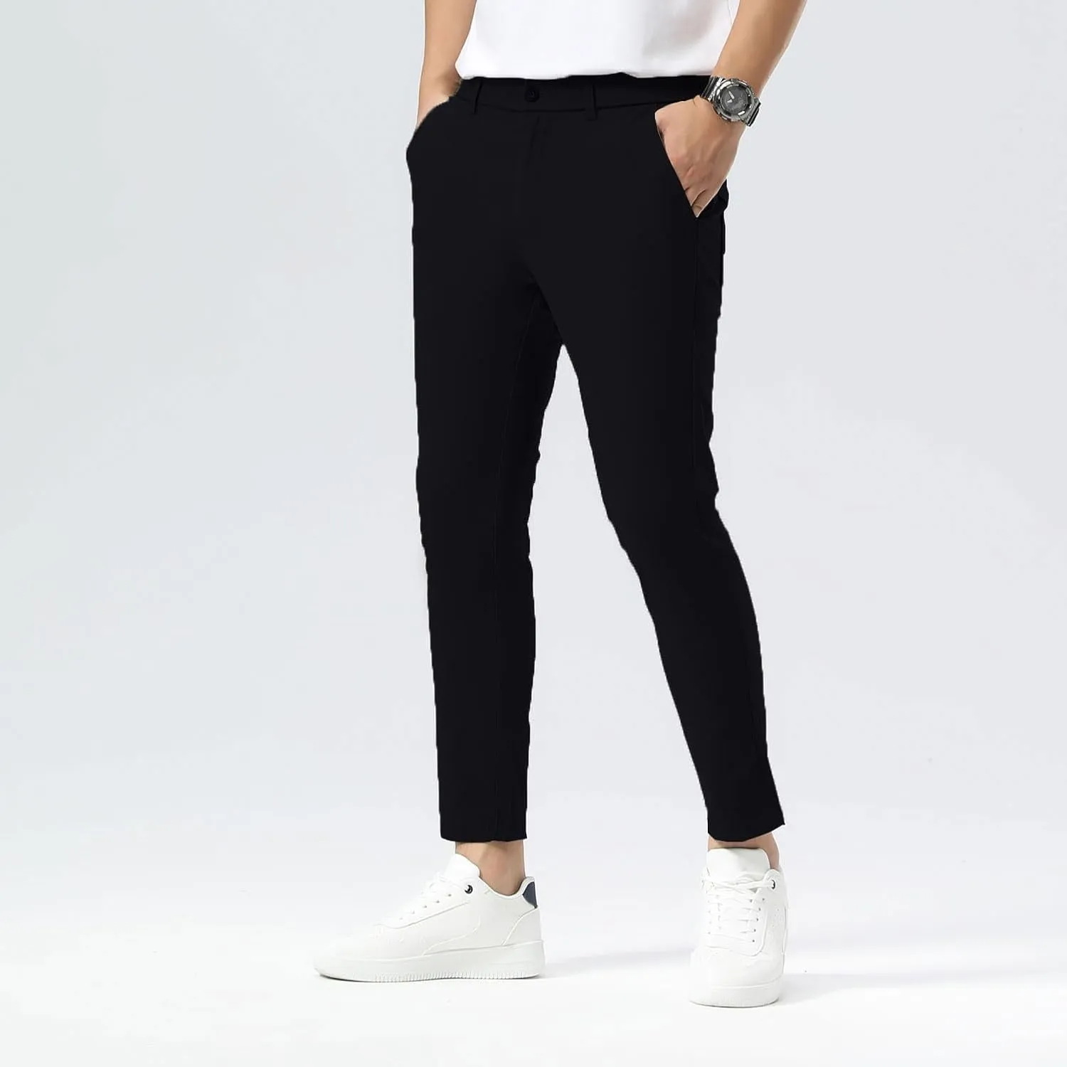 Plaid&Plain Men's Slim Fit Khaki Pants Stretch Cropped Chino Skinny Pants