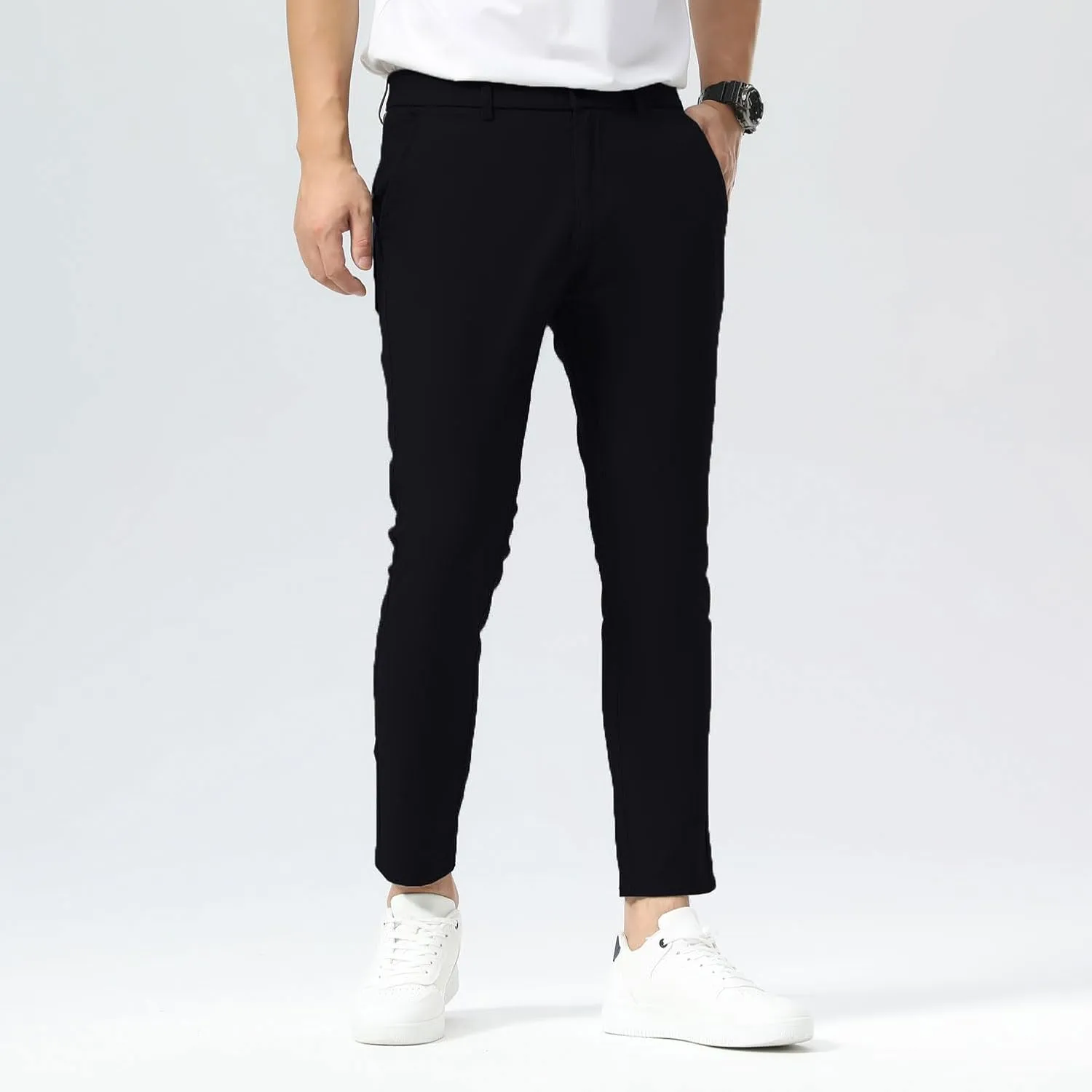 Plaid&Plain Men's Slim Fit Khaki Pants Stretch Cropped Chino Skinny Pants