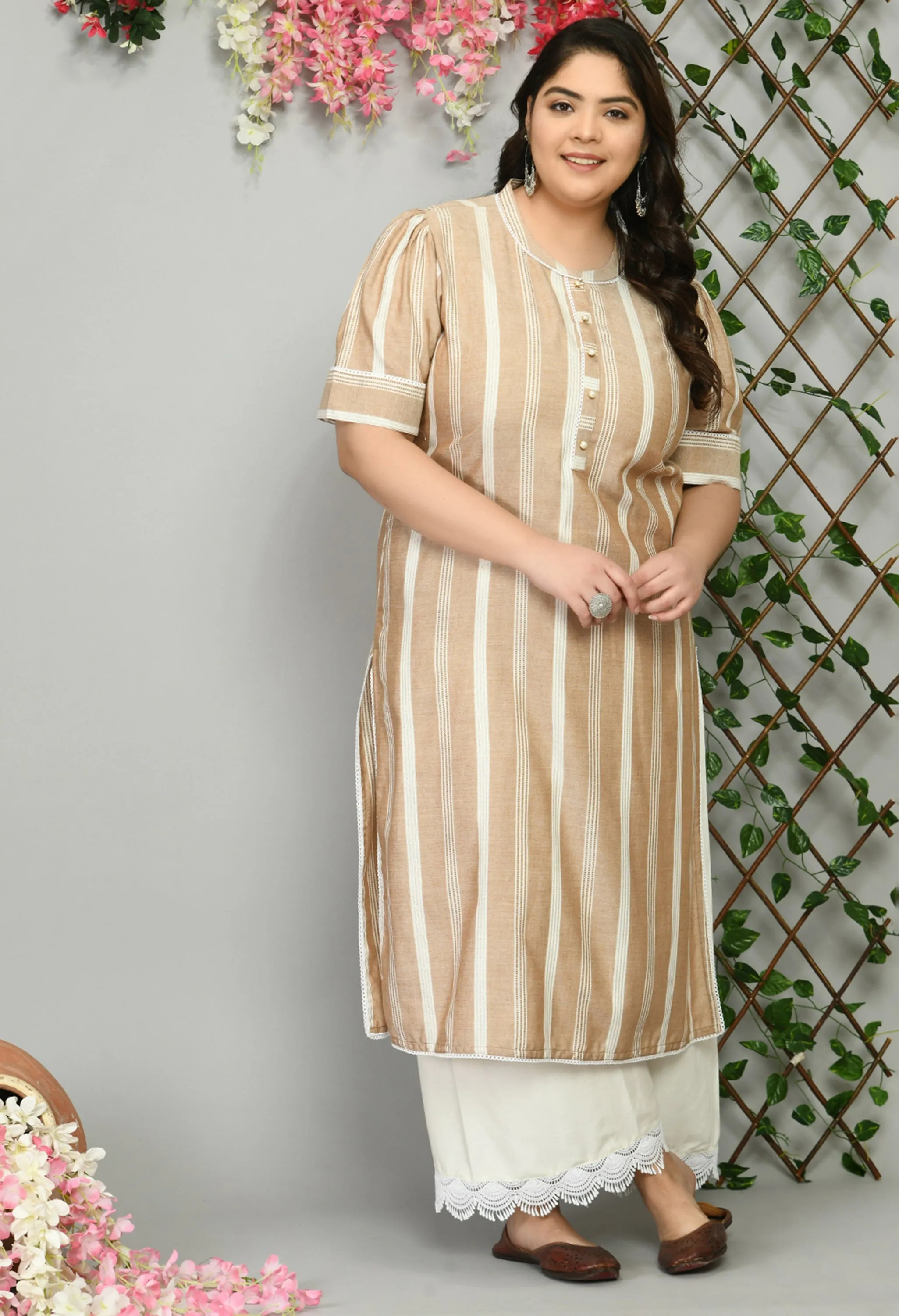Plus Size Beige and Brown  Striped Kurta Palazzo Set