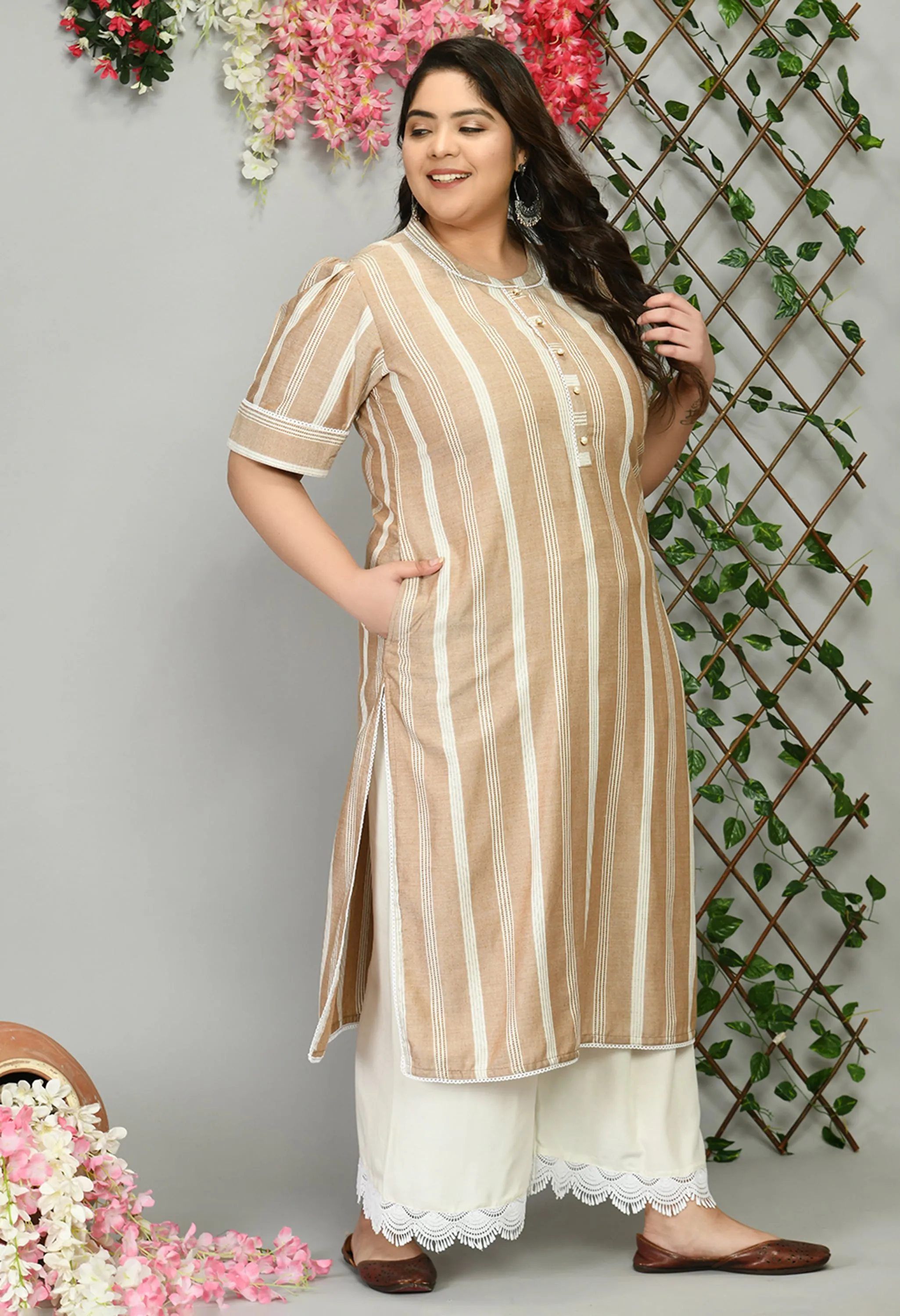 Plus Size Beige and Brown  Striped Kurta Palazzo Set