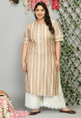 Plus Size Beige and Brown  Striped Kurta Palazzo Set