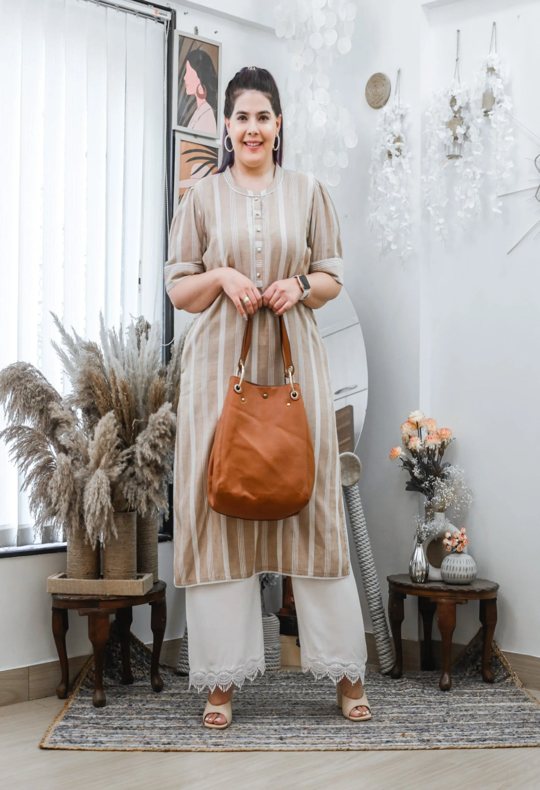 Plus Size Beige and Brown  Striped Kurta Palazzo Set