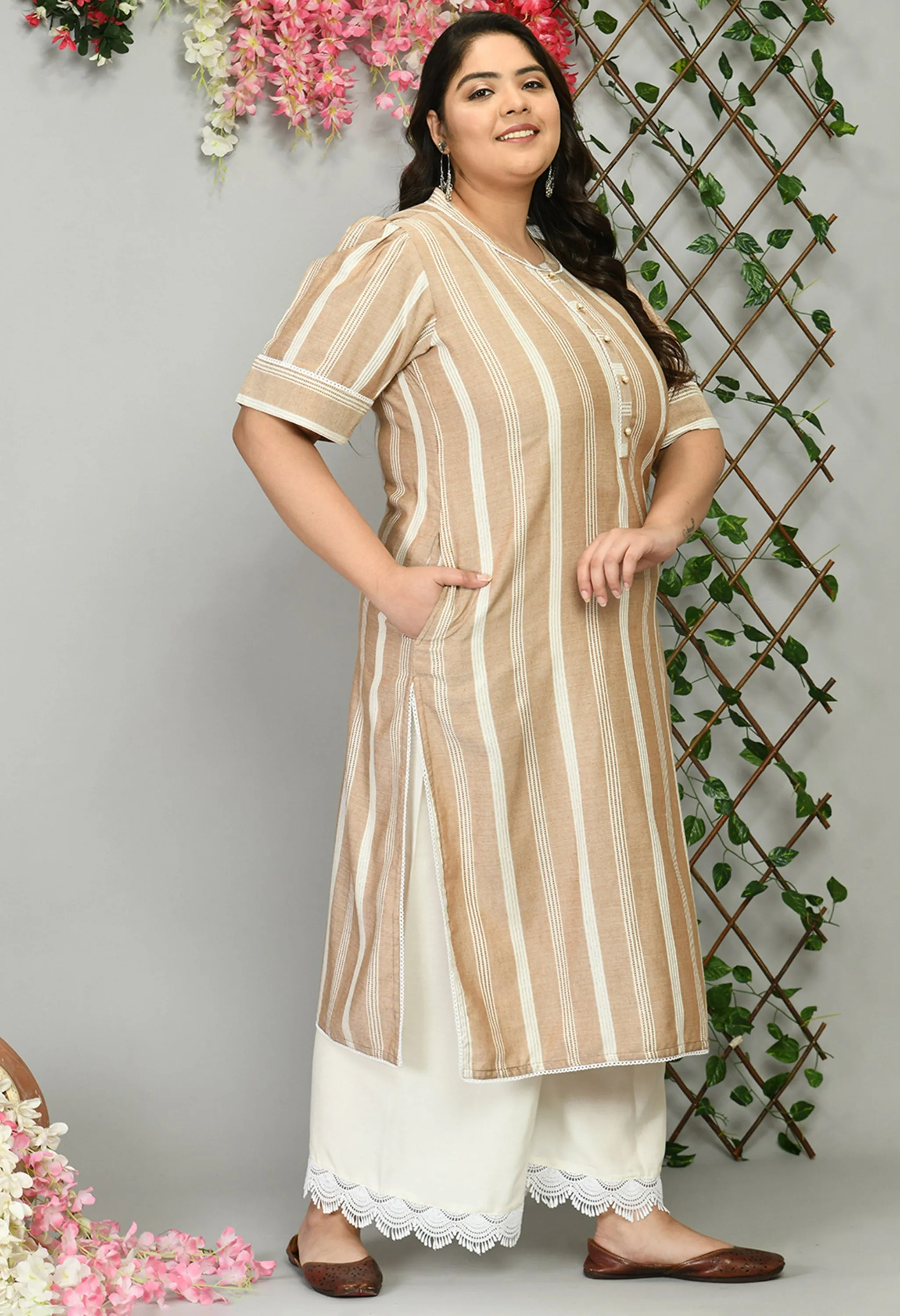 Plus Size Beige and Brown  Striped Kurta Palazzo Set
