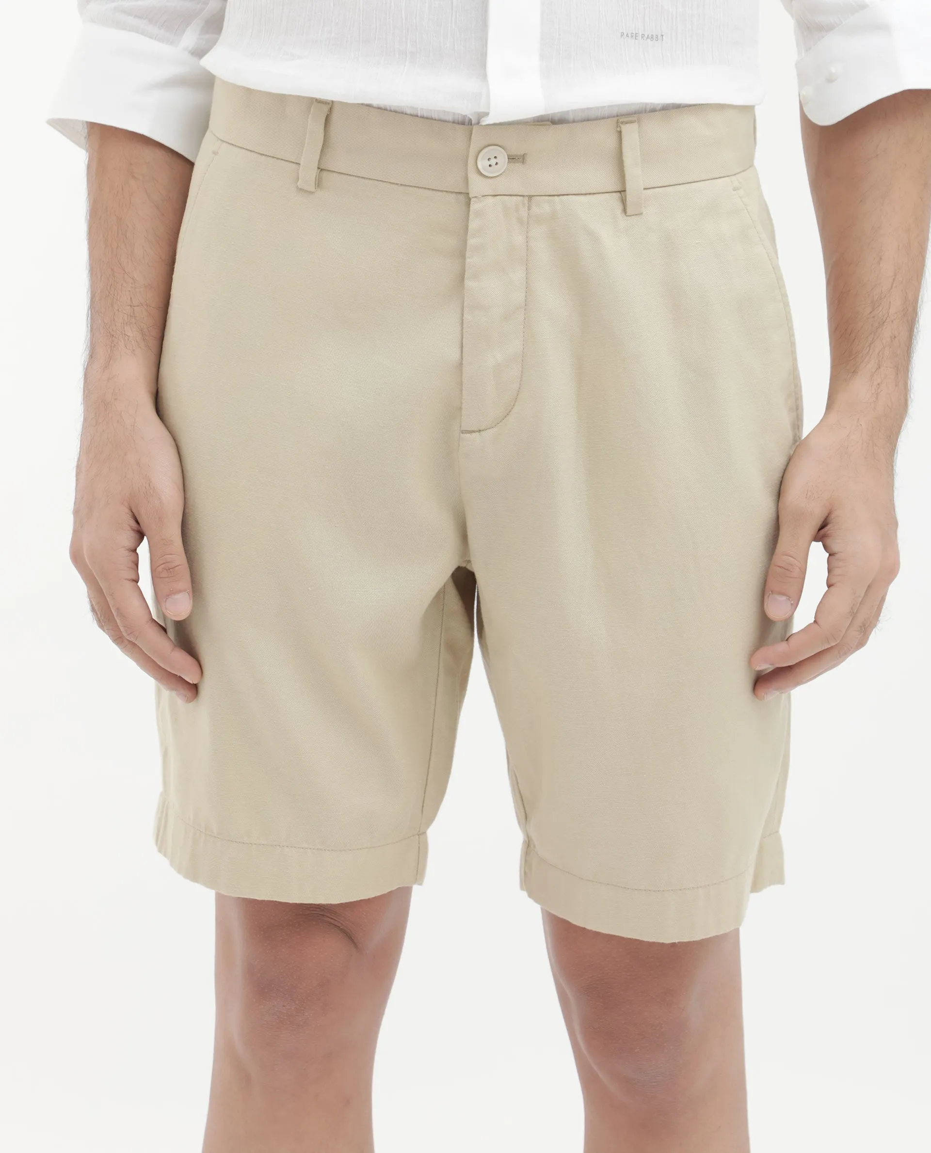 Rare Rabbit Men's Edam Beige Lyocell Cotton Linen Fabric Knee Length Relaxed Fit Solid Shorts