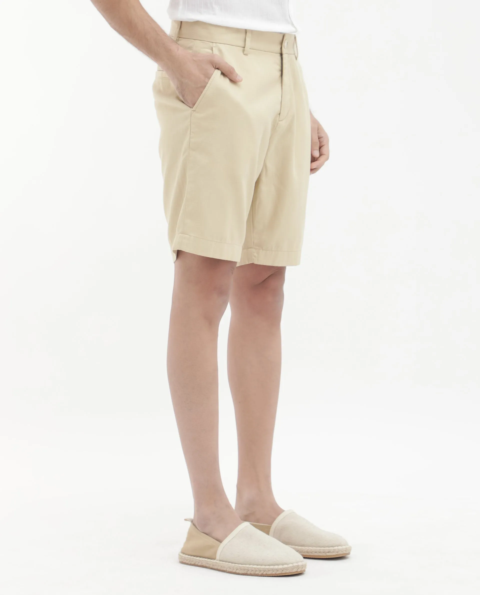 Rare Rabbit Men's Edam Beige Lyocell Cotton Linen Fabric Knee Length Relaxed Fit Solid Shorts