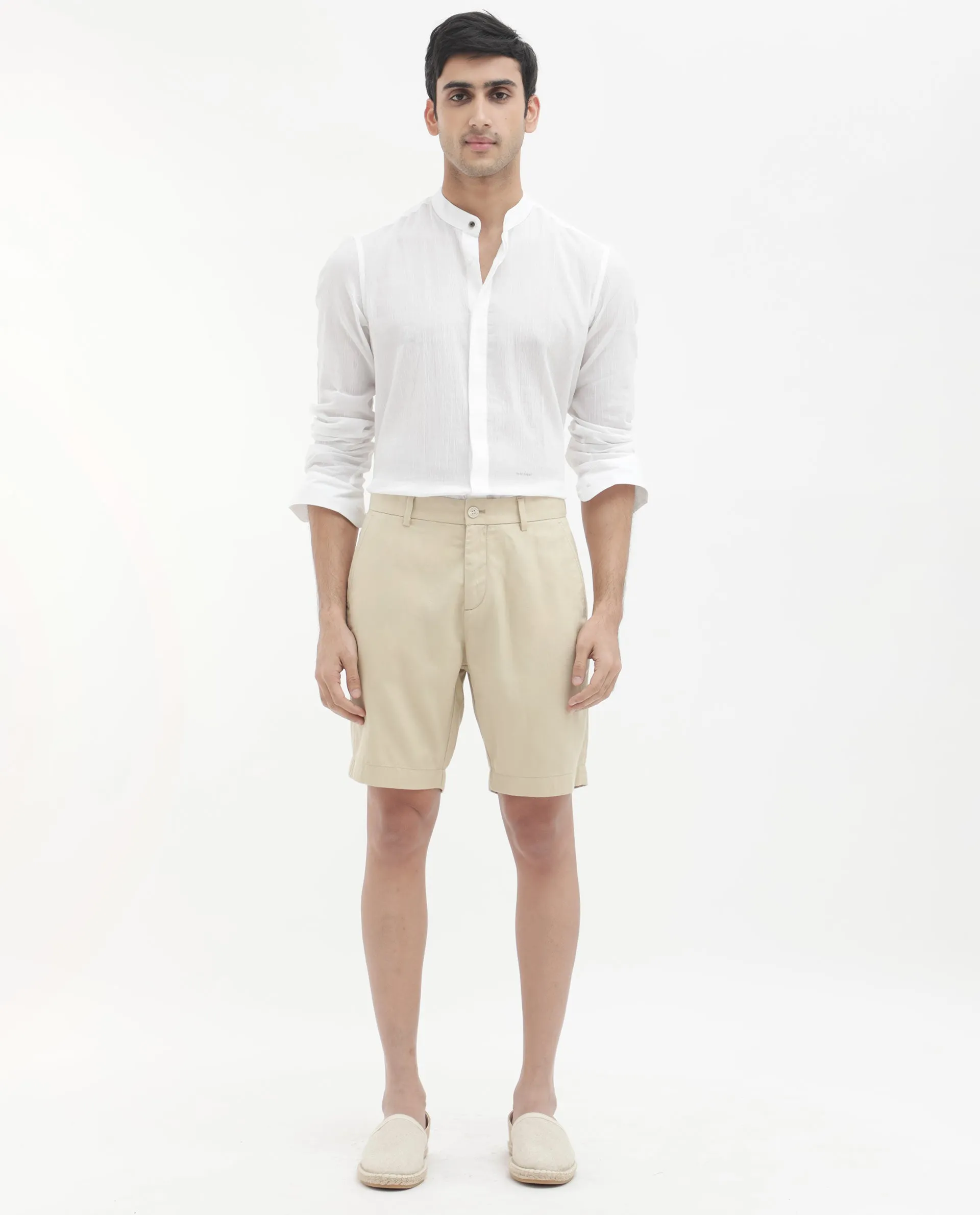 Rare Rabbit Men's Edam Beige Lyocell Cotton Linen Fabric Knee Length Relaxed Fit Solid Shorts
