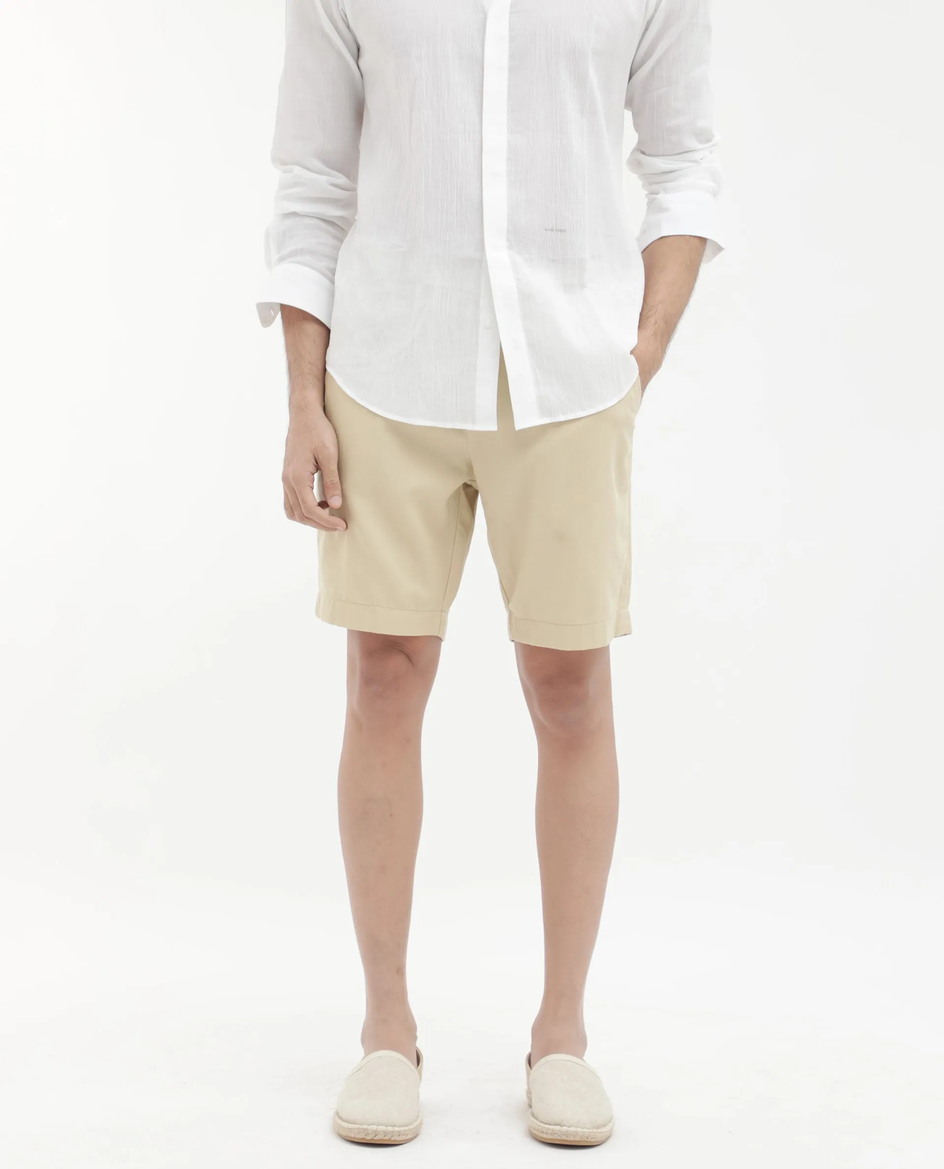 Rare Rabbit Men's Edam Beige Lyocell Cotton Linen Fabric Knee Length Relaxed Fit Solid Shorts