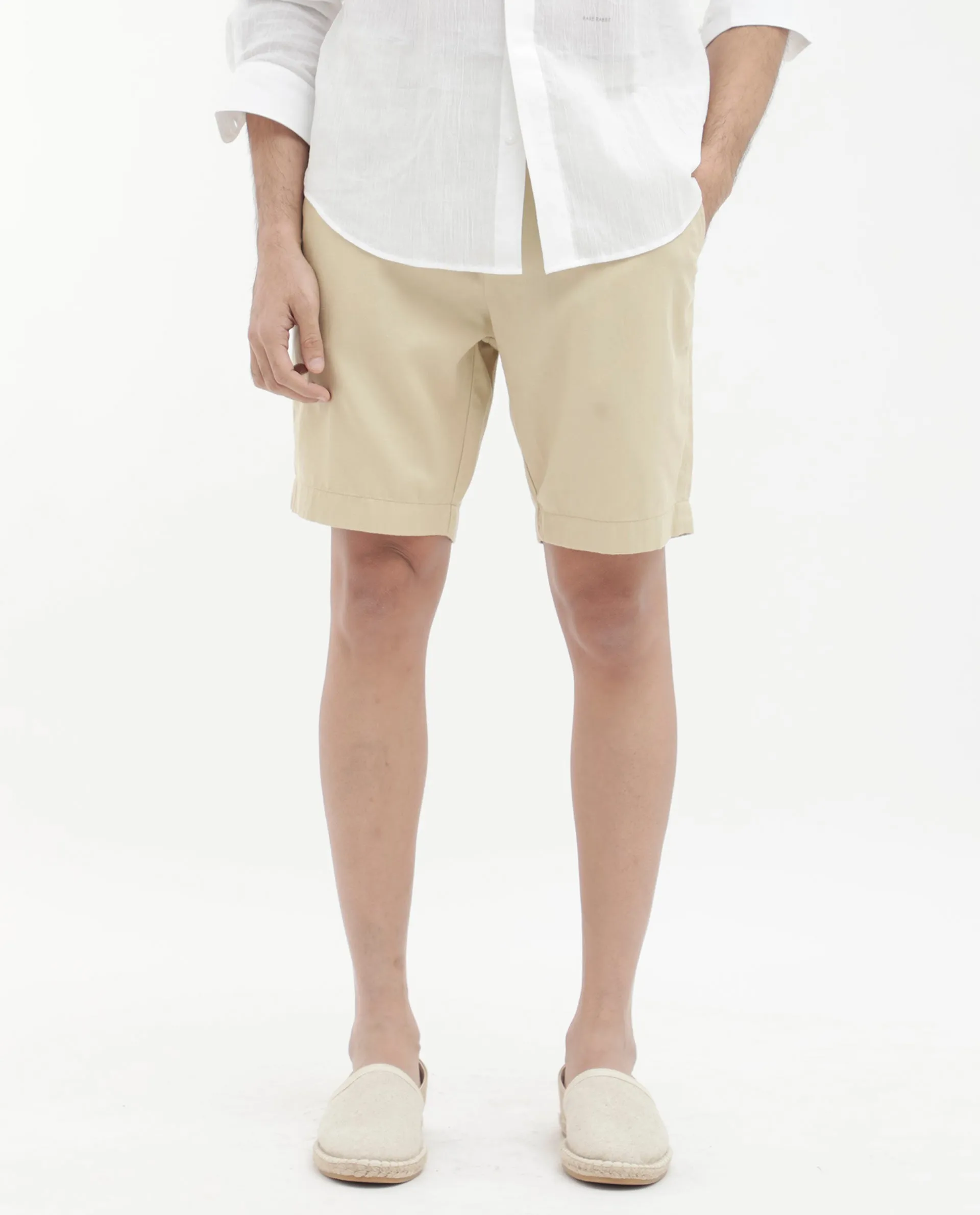 Rare Rabbit Men's Edam Beige Lyocell Cotton Linen Fabric Knee Length Relaxed Fit Solid Shorts