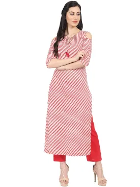 Red Striped 3/4Th Sleeve Cotton Kurta With Red Straight Palazzo