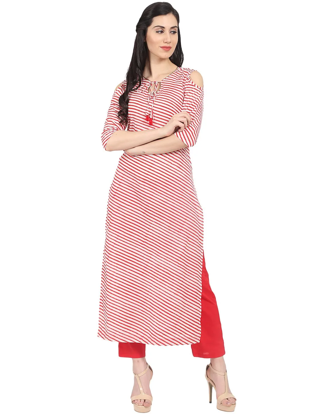 Red Striped 3/4Th Sleeve Cotton Kurta With Red Straight Palazzo