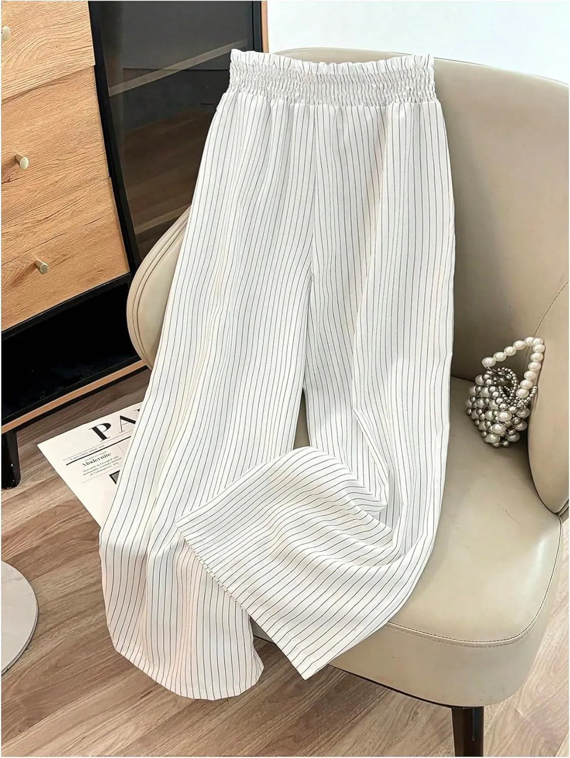 SHENHE Women's Striped Wide Leg Paper Bag Pants High Waisted Drawstring Loose Palazzo Pants