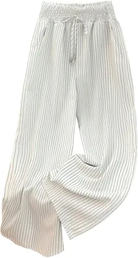 SHENHE Women's Striped Wide Leg Paper Bag Pants High Waisted Drawstring Loose Palazzo Pants