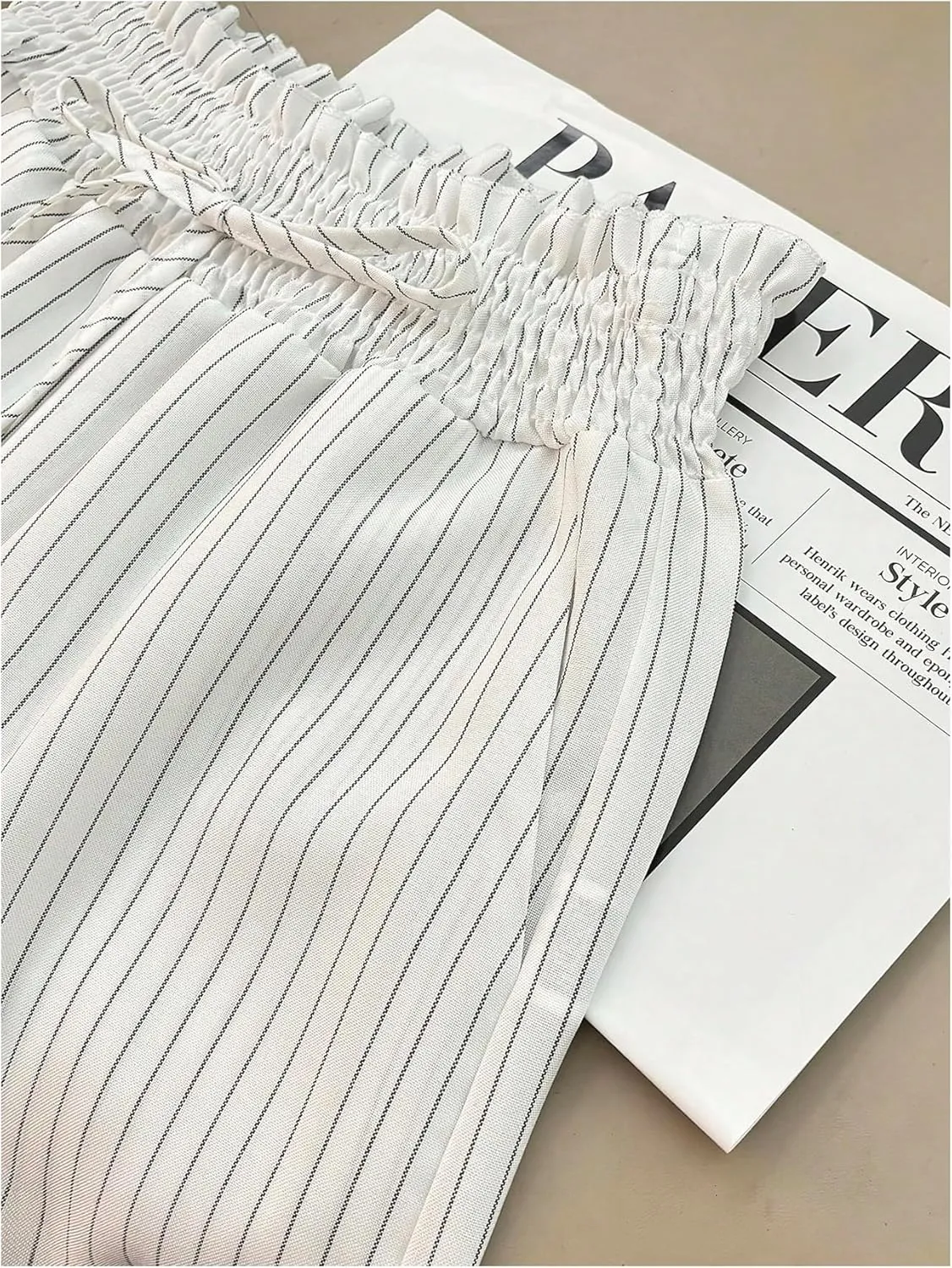 SHENHE Women's Striped Wide Leg Paper Bag Pants High Waisted Drawstring Loose Palazzo Pants