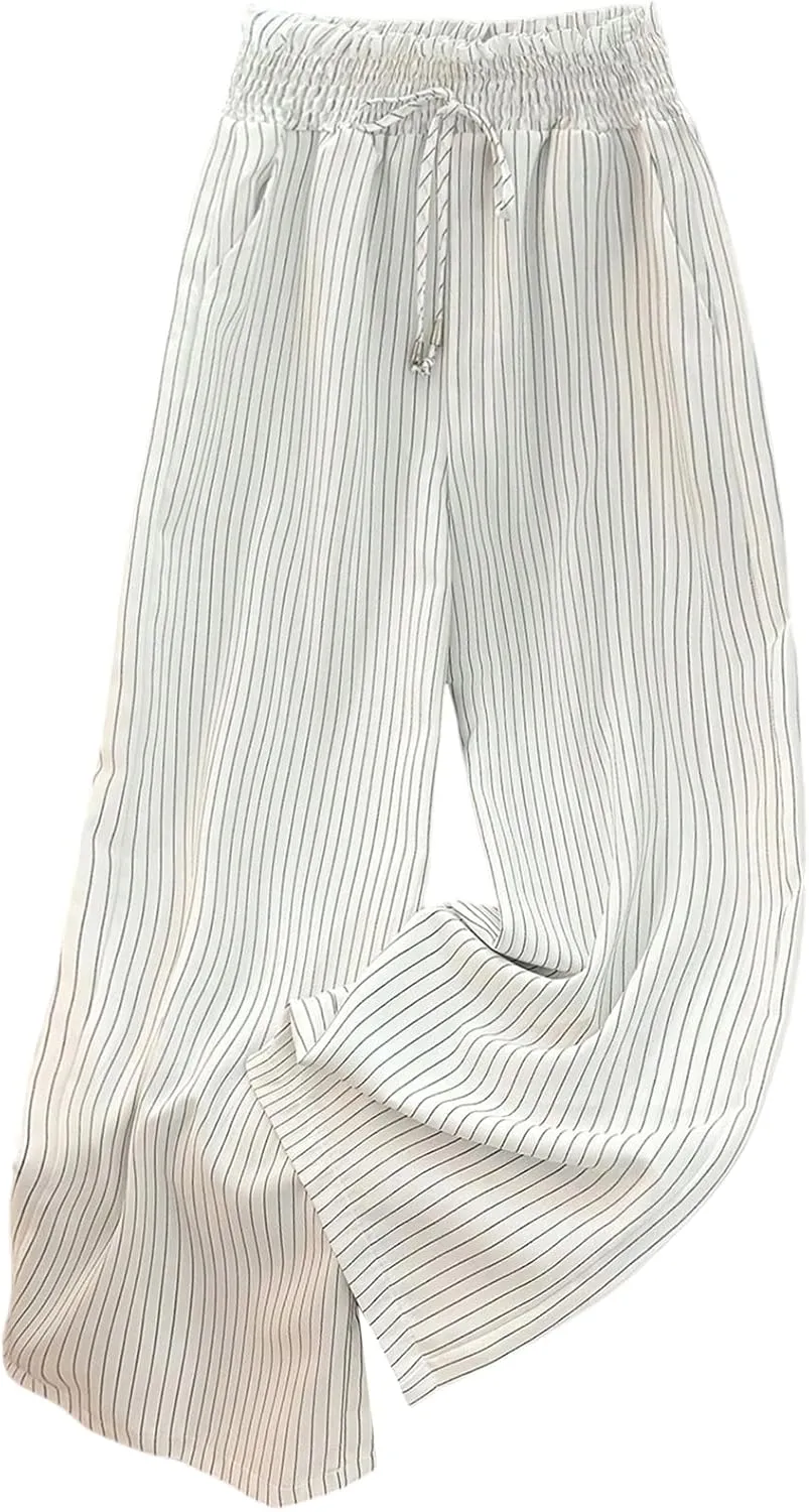 SHENHE Women's Striped Wide Leg Paper Bag Pants High Waisted Drawstring Loose Palazzo Pants