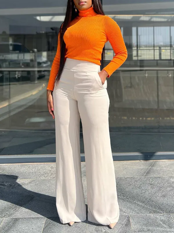 Solid High-Waist Pants