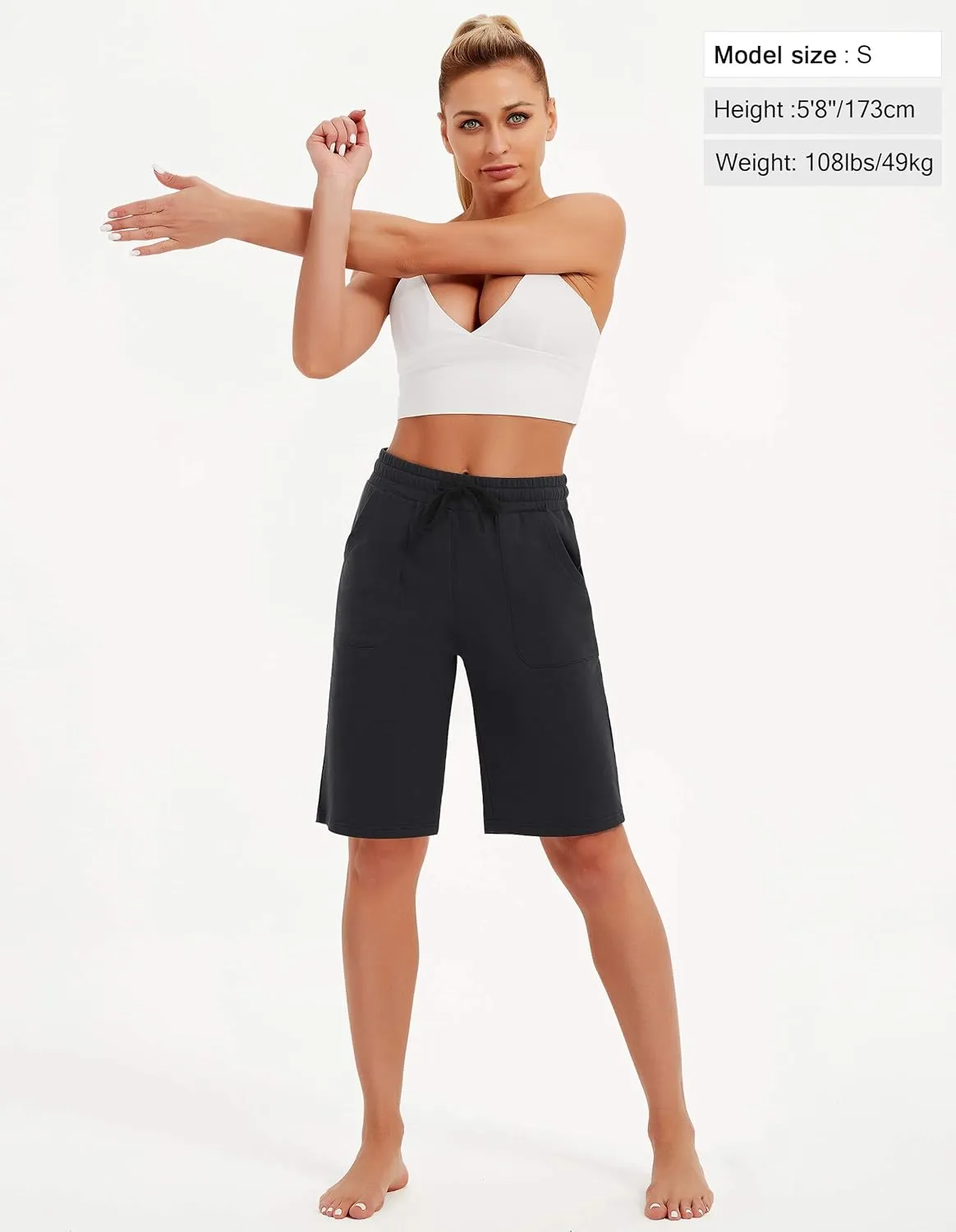 SPECIALMAGIC Cotton Sweat Shorts with Pockets for Women 10" Athletic Lounge Sports Workout Bermuda Knee Shorts