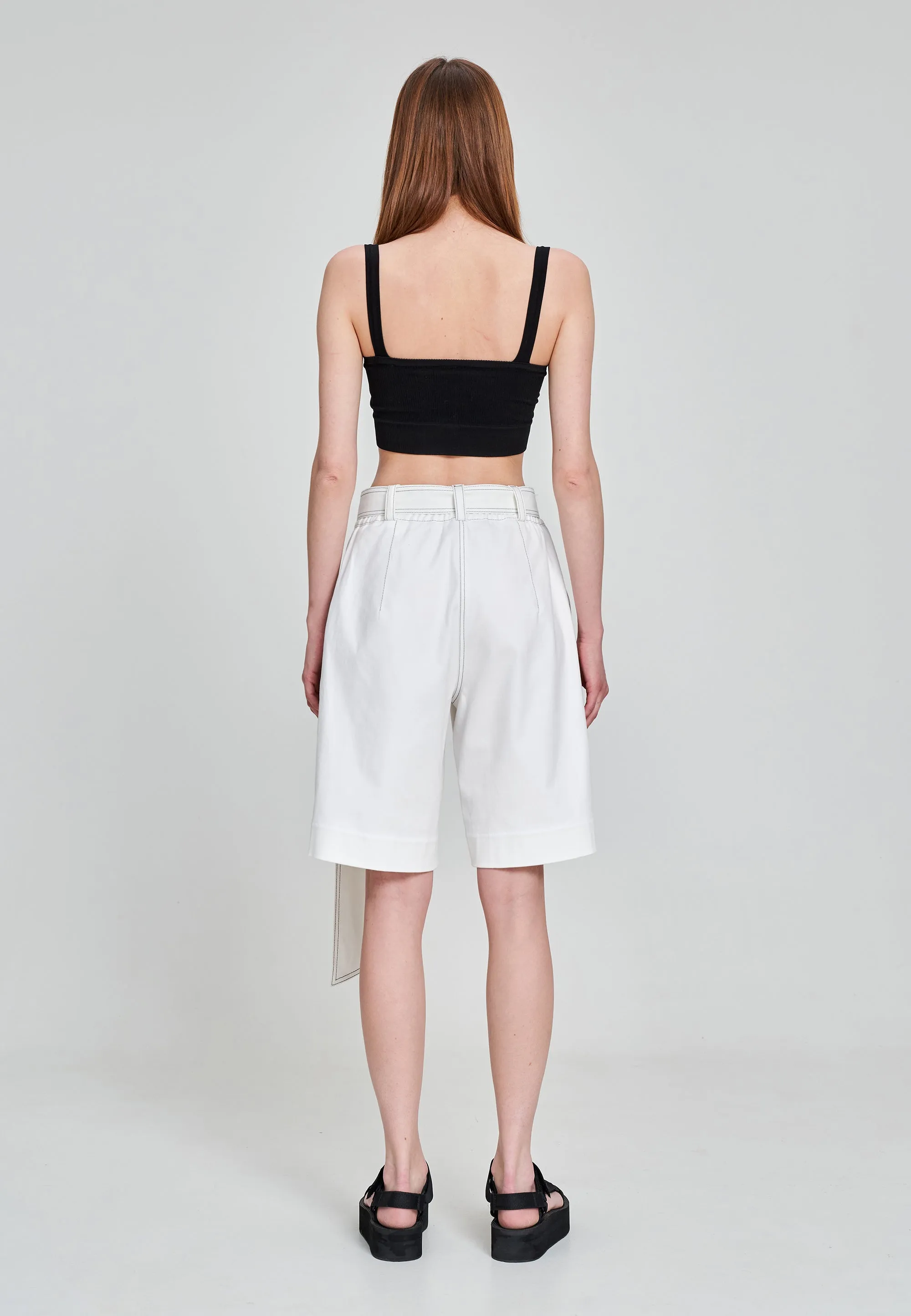 White Bermuda High-Waist Pleated Wide-Leg Relaxed Fit Tailored Women's Shorts