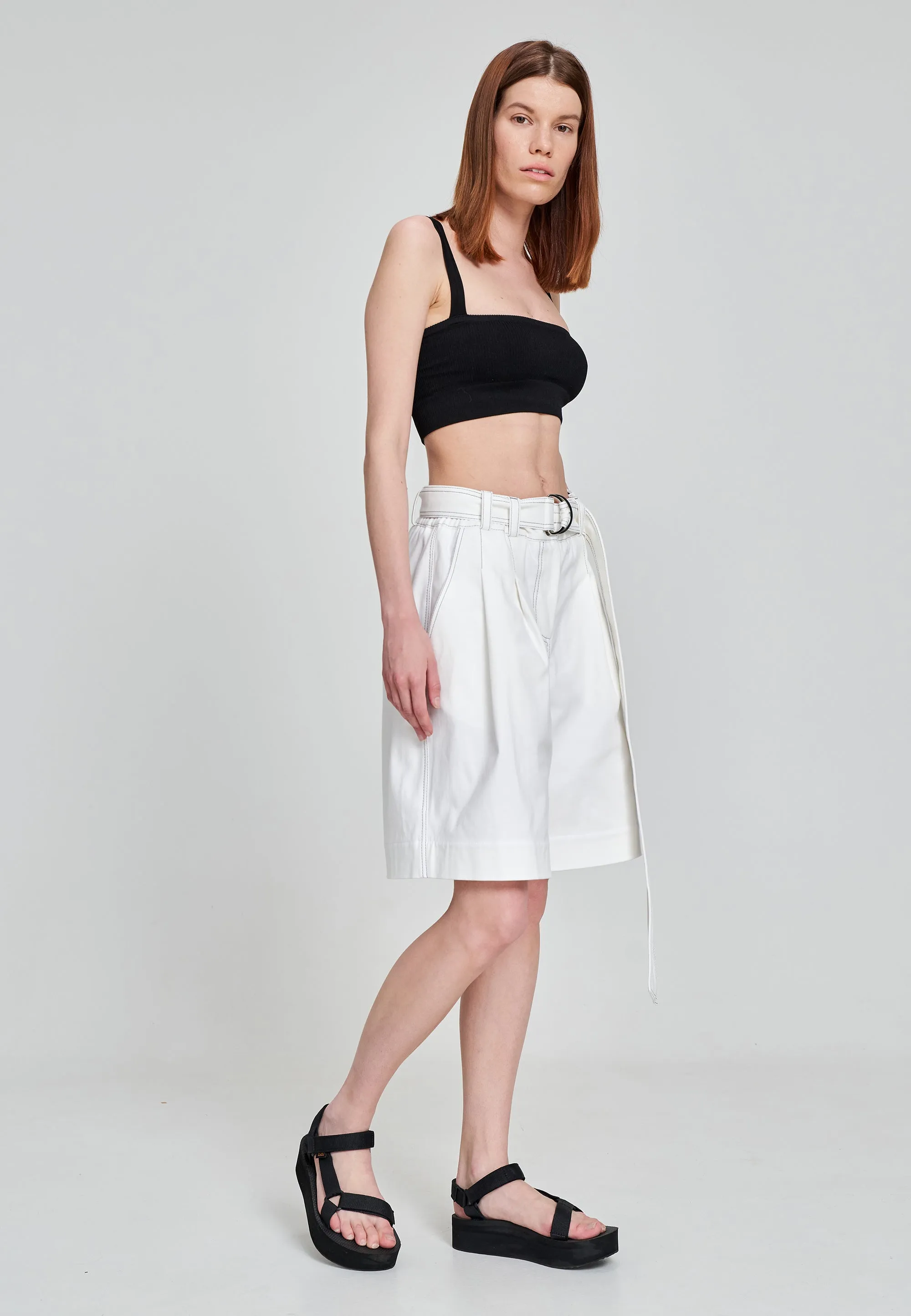 White Bermuda High-Waist Pleated Wide-Leg Relaxed Fit Tailored Women's Shorts