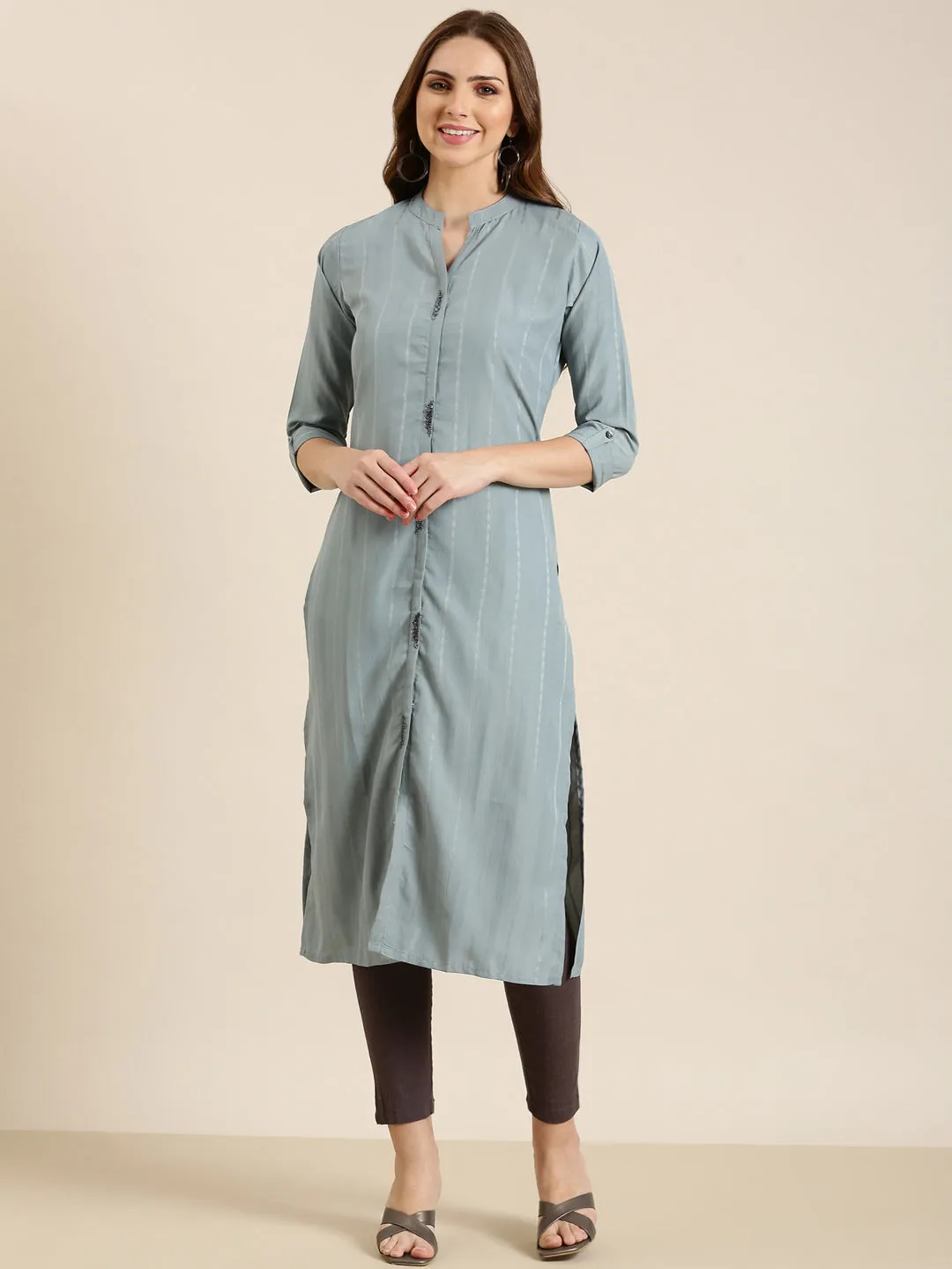 Women Grey Striped Straight Kurta