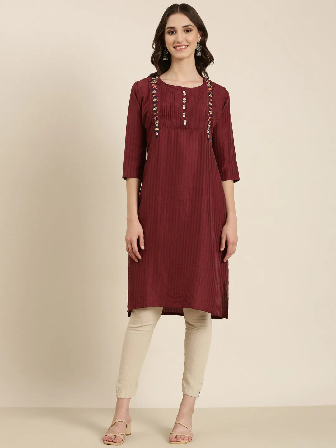 Women Magenta Striped Straight Kurta