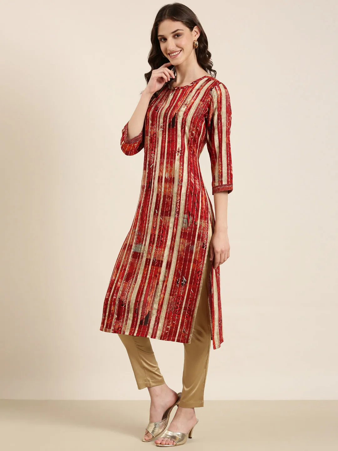 Women Maroon Striped Straight Kurta