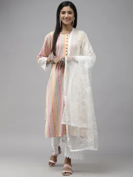 Women Multicoloured Striped Pure Cotton Kurta Set