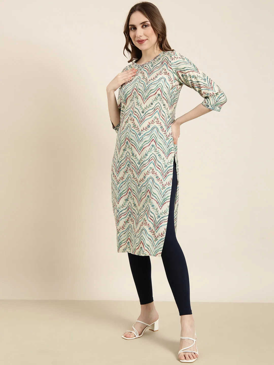 Women Straight Beige Striped Kurta