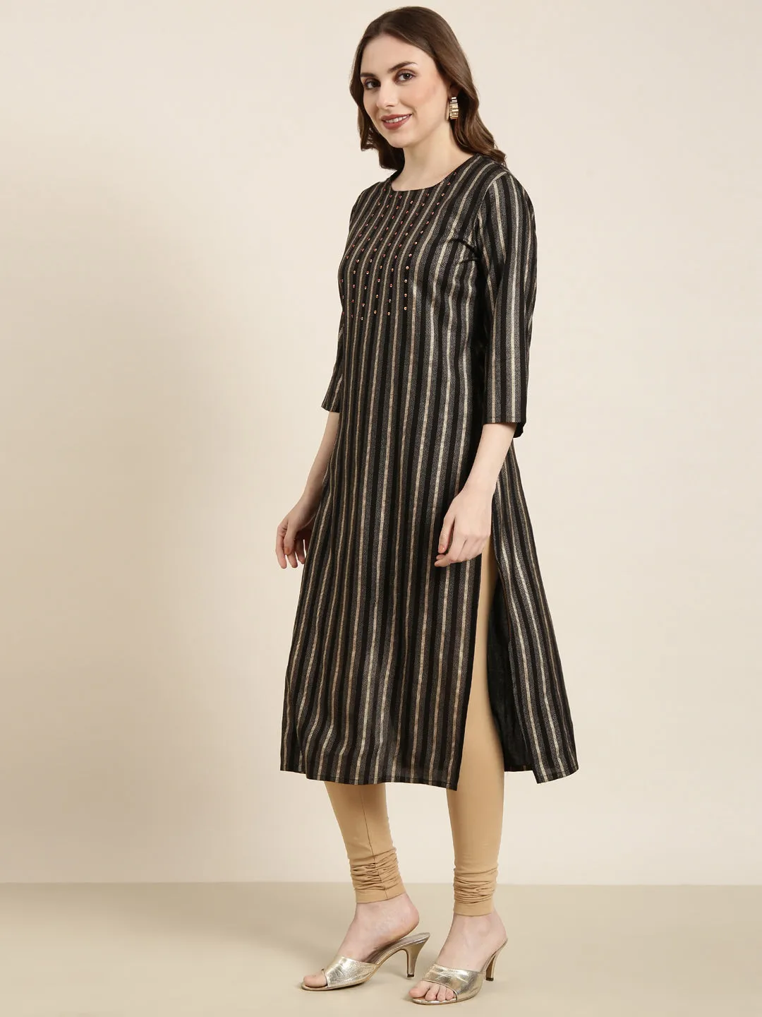 Women Straight Black Striped Kurta