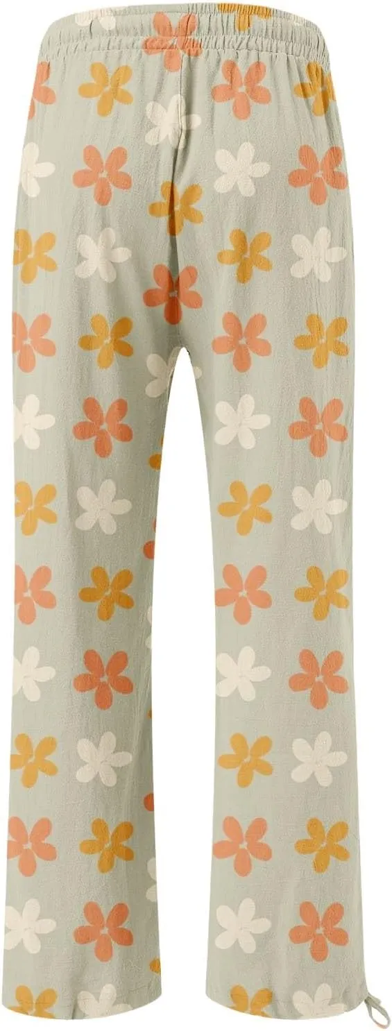 Women's Boho Tropical Print Wide Leg Pants Womens Cotton Casual Loose Pants Comfy Work Pants Casual Wide Leg Long