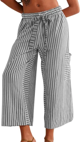 Women's Low Rise Striped Wide Leg Pants Loose Fit Drawstring Waist Striped Lounge Palazzo Pants with Pockets