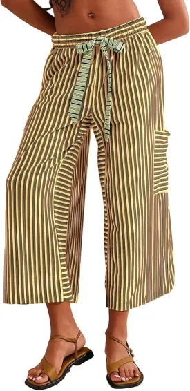 Women's Low Rise Striped Wide Leg Pants Loose Fit Drawstring Waist Striped Lounge Palazzo Pants with Pockets
