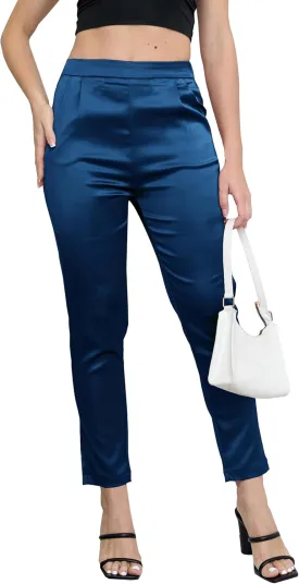 Women's Tapered Satin Pants Elastic Waist Business Work Casual Ankle Cropped Shiny Pants with Pockets