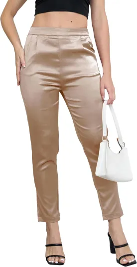 Women's Tapered Satin Pants Elastic Waist Business Work Casual Ankle Cropped Shiny Pants with Pockets
