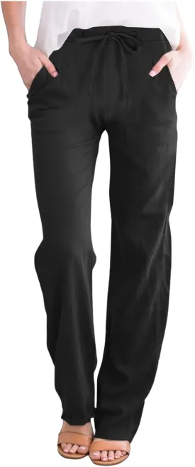 Womens Wide Leg Pants Lace-Up Elastic Waisted Solid Color Loose Summer Trendy Beach Full Length Trousers with Pockets