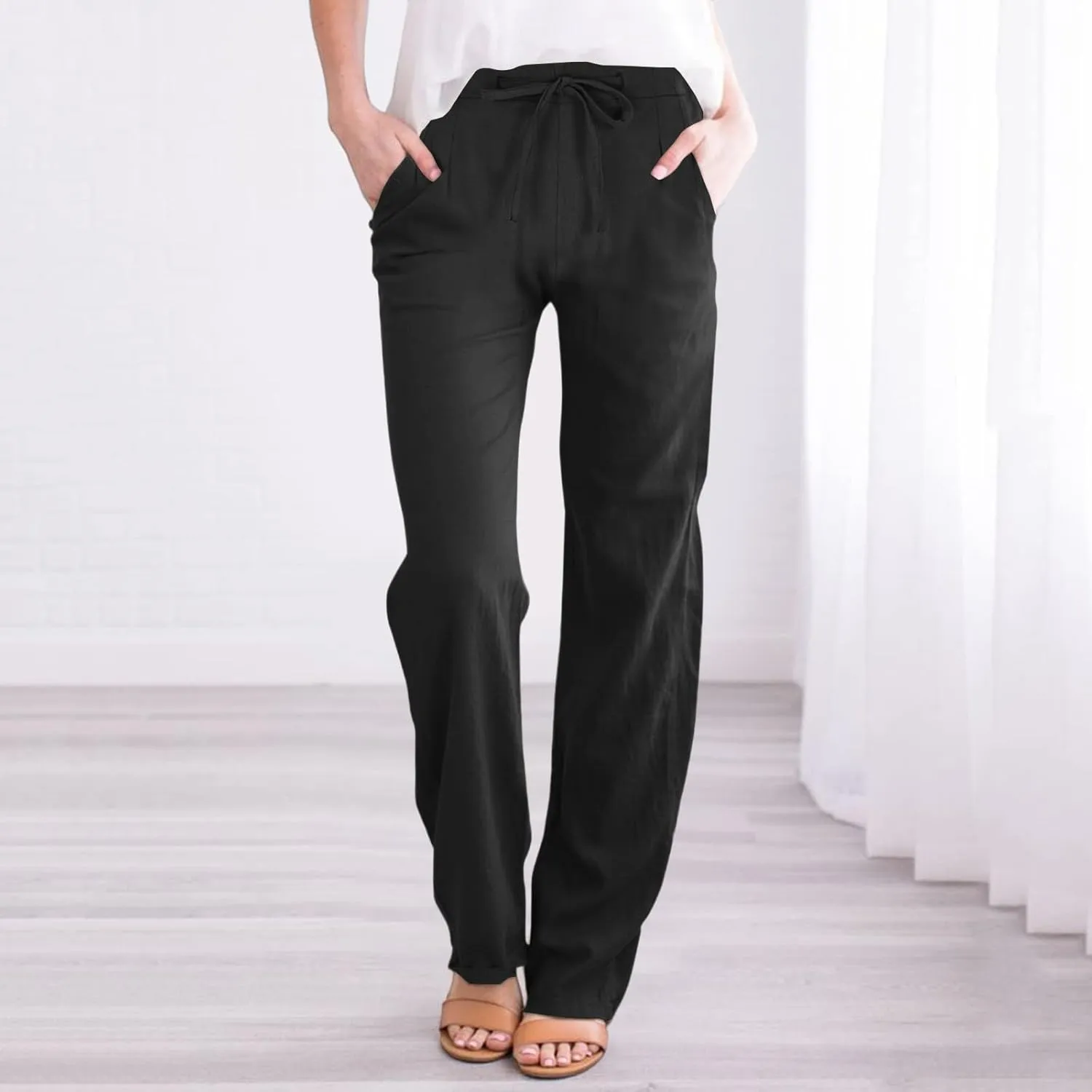Womens Wide Leg Pants Lace-Up Elastic Waisted Solid Color Loose Summer Trendy Beach Full Length Trousers with Pockets